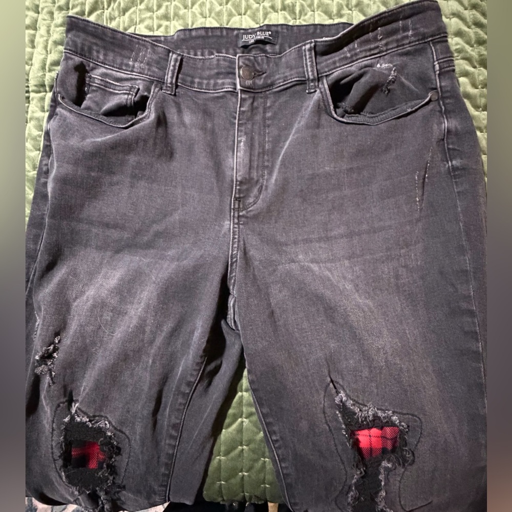 Judy Blue black, distressed,‎ jeans, skinny fit, red, black plaid size 20W